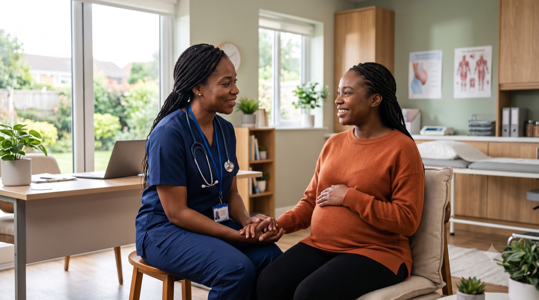 A nurse warmly holds the hands of a smiling expectant mother during an antenatal consultation