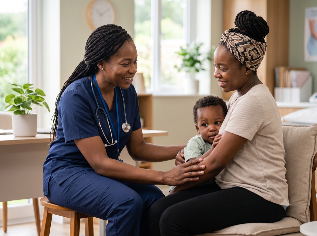 A nurse shares a light moment with a mother and her toddler during a visit
