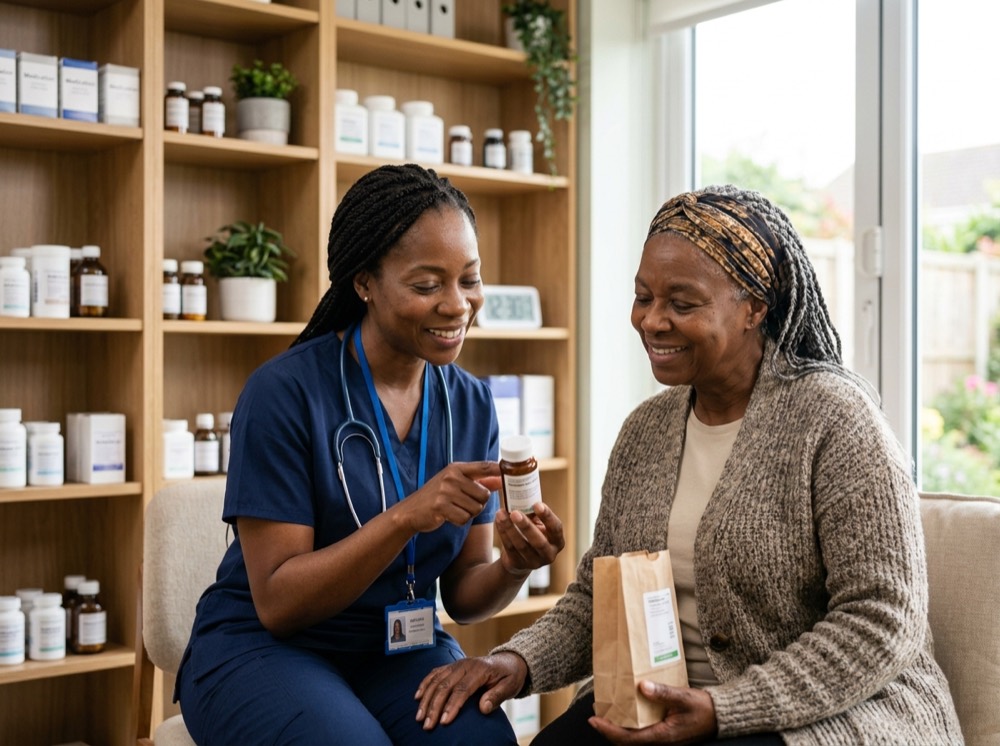 A nurse talks an older patient through her chronic medication