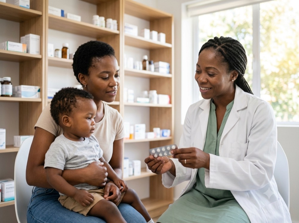 A clinician explains medication to a mother holding her baby