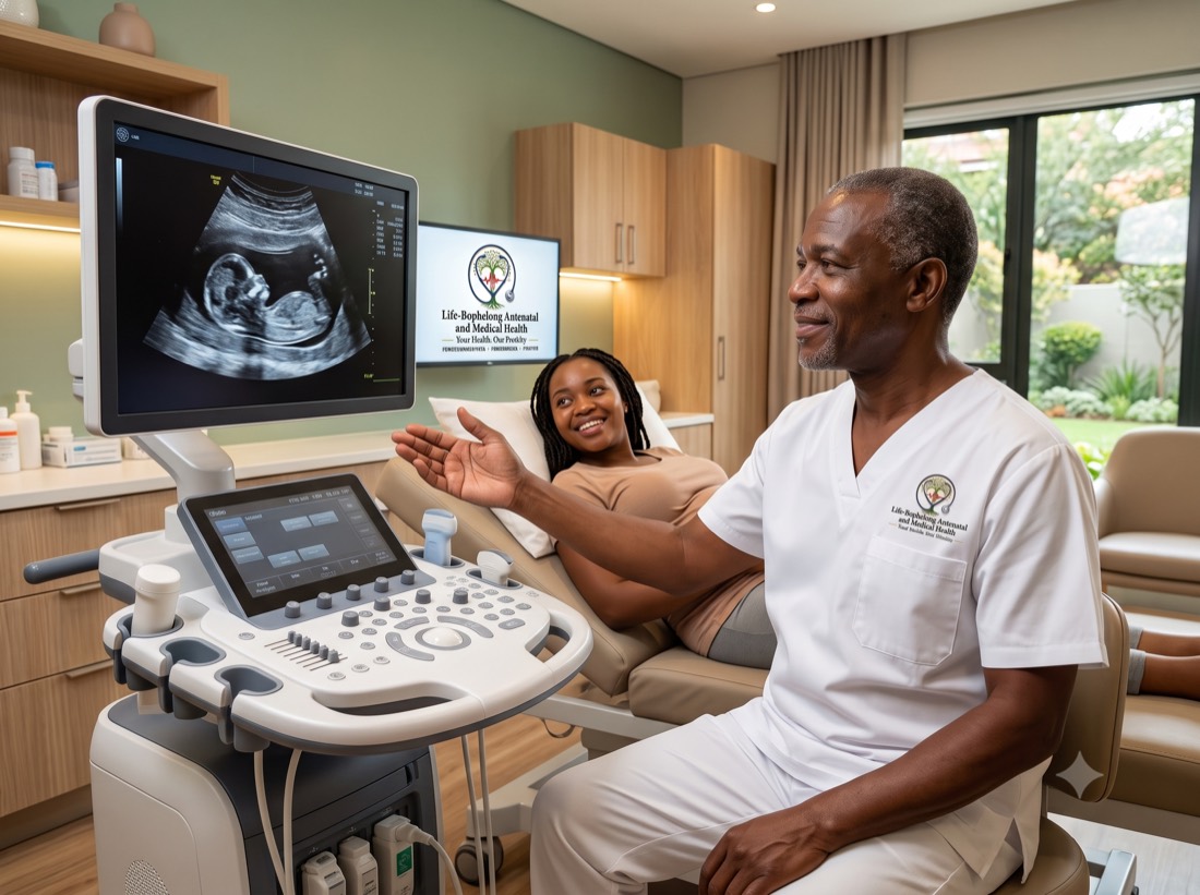 A sonographer shows an expectant mother her ultrasound in the clinic's branded scan room